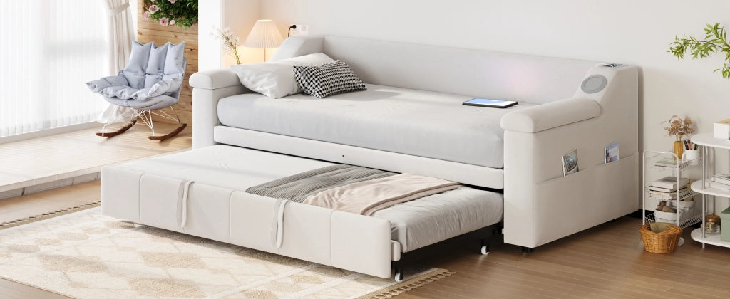 letto divano imbottito velluto beige 90 x 190 cm