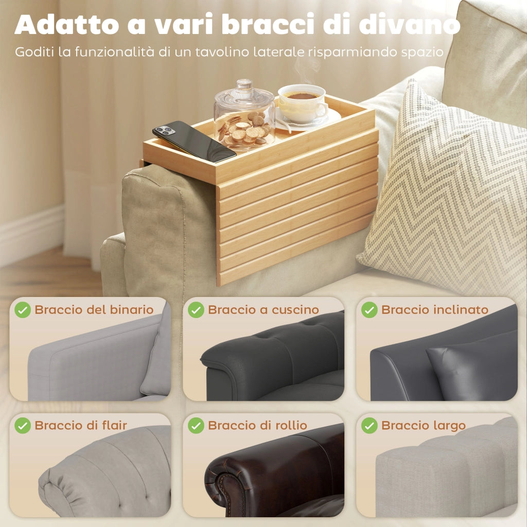 Vassoio da Divano per Bracciolo Struttura Flessibile a Doghe in Legno di Bambù Colore Legno