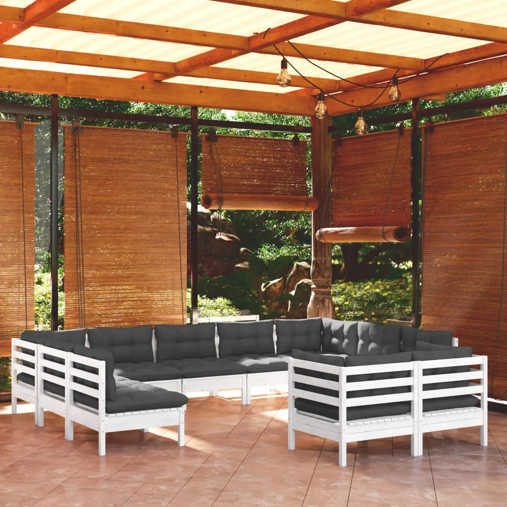 Set Divani da Giardino 11 pz con Cuscini Bianchi Legno di Pino 3097260