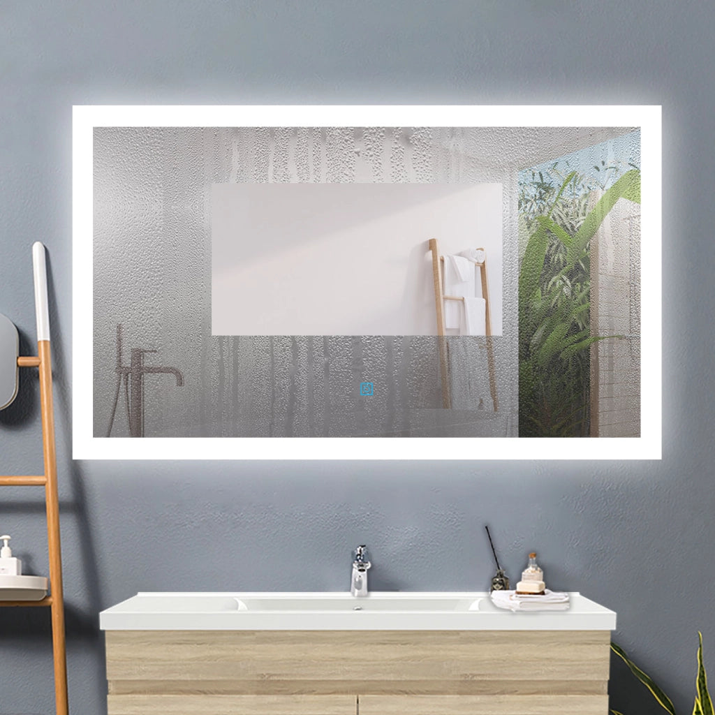 AICA Specchio da bagno a LED, Rettangolare 90 x 70 cm, Anti nebbia, Regolabile 3 LED di colore, Funzione Memoria