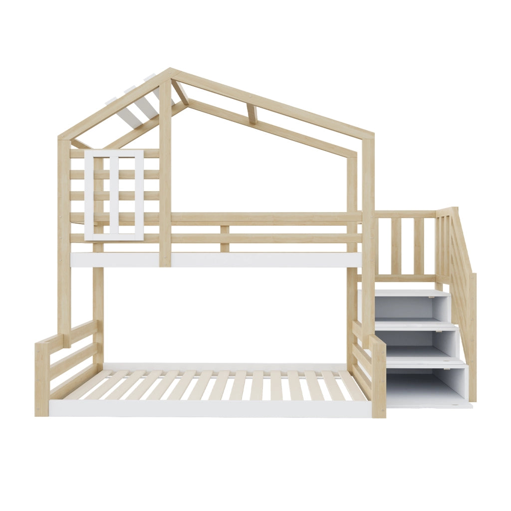OKWISH Letto a Castello 90×200 cm e 140×200 cm, Letto 3 Posti con Scala Contenitore, Finestra e Spondine, senza Materasso, Naturale