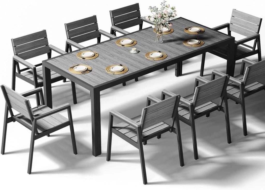 HDPS Set Tavolo e Sedie da Giardino 9 Pezzi Resistente alle Intemperie, Completo di Tavolo 189 cm e 8 Sedie da Esterno in Alluminio, Finitura a Vena di Legno e Facile da Manutenzionare (Grigio)