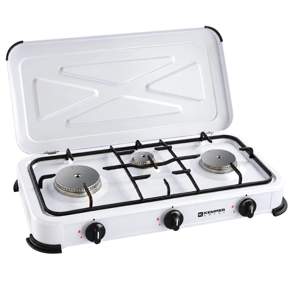 Kemper fornello 3 fuochi bombole butano/propano coperchio griglia removibili bianco piedini plastica antigraffio 1,2 kw