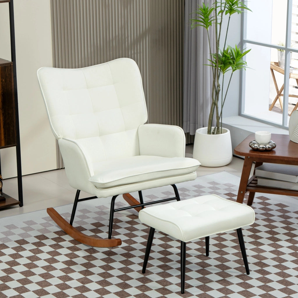 Sedia a dondolo 64x89x90 cm con poggiapiedi e braccioli in poliestere bianco crema