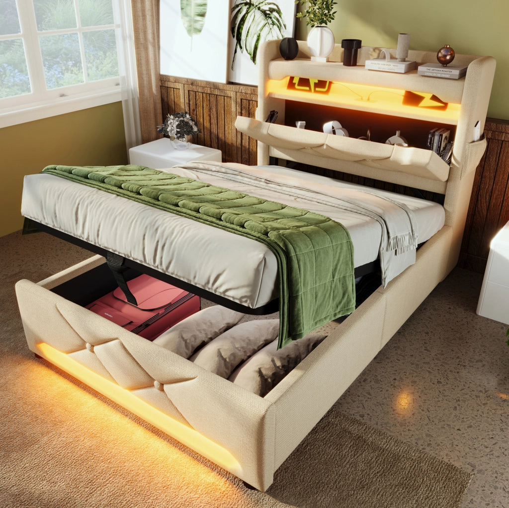 Letto singolo 90x200 cm in lino beige con LED; contenitore idraulico; USB e materasso