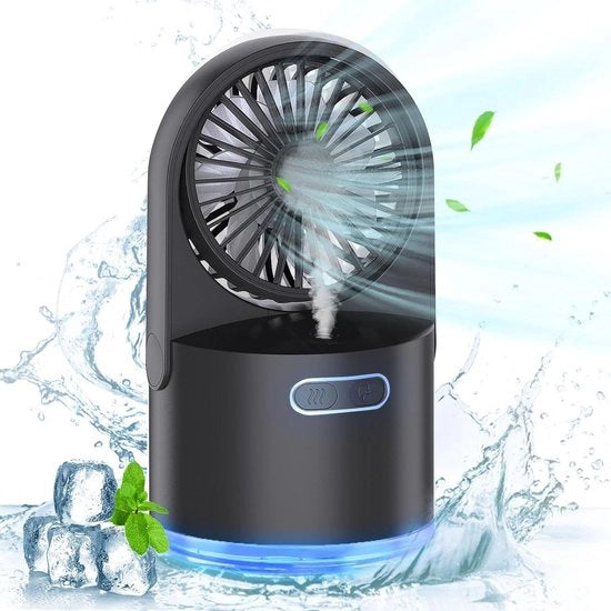 Mini Ventilatore Portatile con Nebbia Fresca - Caricabile via USB - 3 Velocità - Regolabile - 7 Colori di Luce Notturna - Uso Casa-Ufficio Outdoor Viaggi - Nero