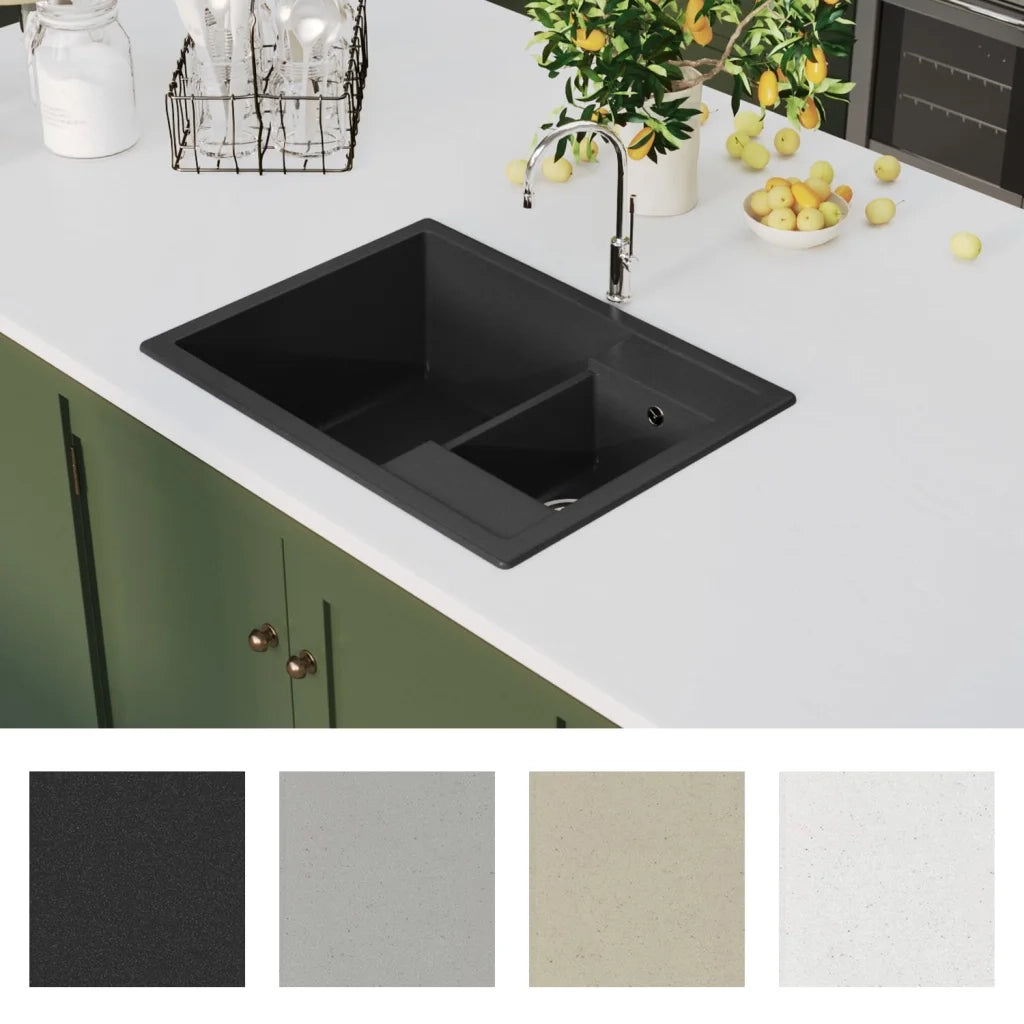 Lavello da Cucina Doppio con Foro Troppopieno-Lavandino-Lavabo Nero in Granito