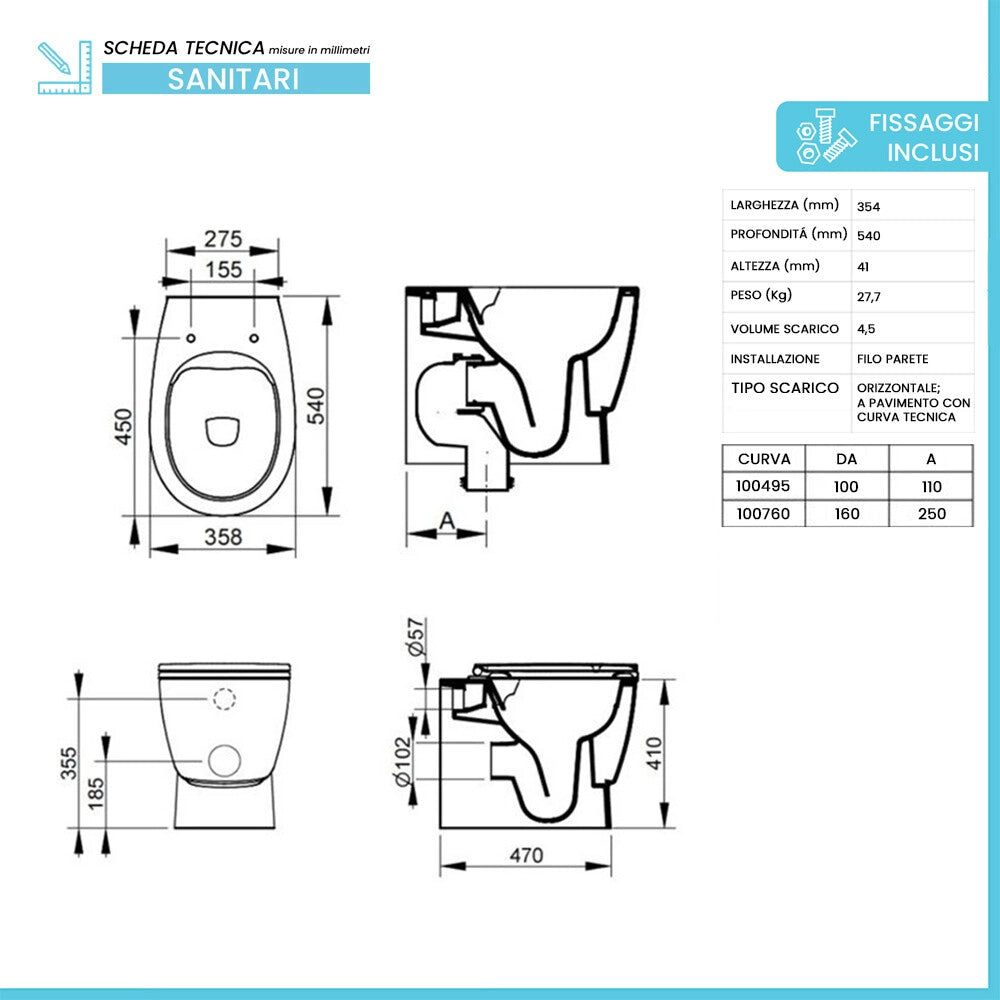 Sanitari filo muro bianco lucido con scarico traslato rimless e copriwc Demy Dolomite