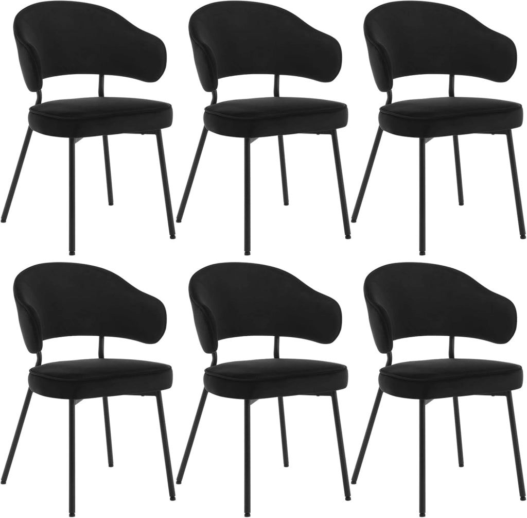 Set di 6 Sedie per Sala da Pranzo, Sedie da Cucina con Schienale, Sedie Imbottite e Rivestite in Velluto con Gambe Metalliche, Sedie Moderne per Camera da Letto, Soggiorno, Nero, BH389sz-6