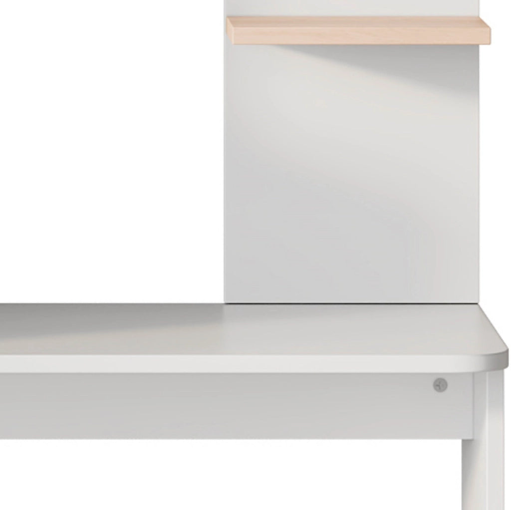Scrivania 123.5x45x168.5 cm con armadio e 2 ripiani aperti; in MDF bianco e naturale