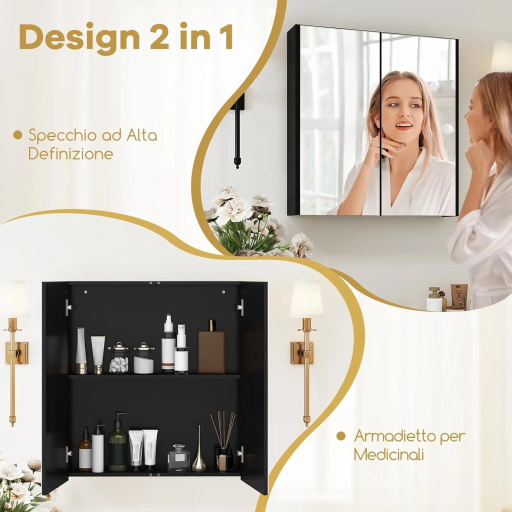 Armadietto da Bagno con Specchio a 2 Ante, Mobiletto da Parete Pensile con Mensola Regolabile, Mobile Bagno Sospeso con Specchiera 65 x 62 x 11 cm (Nero)
