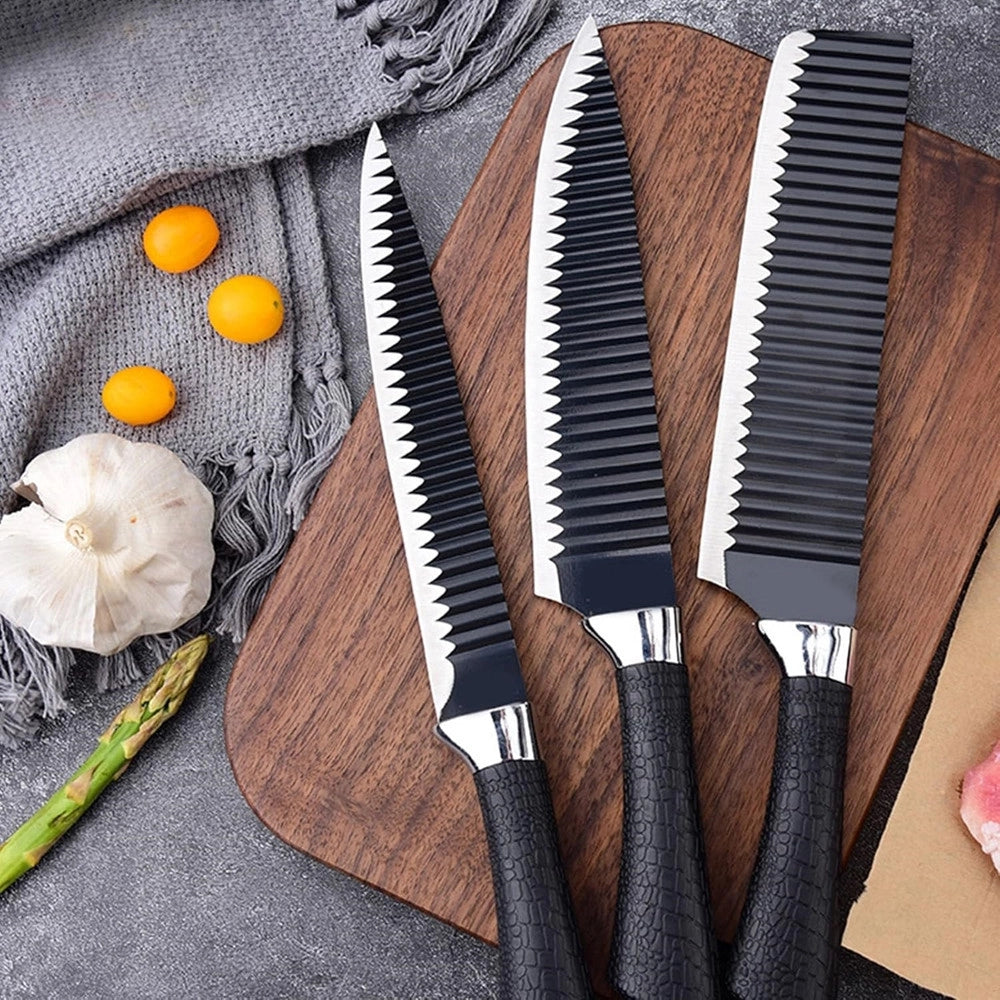 Trade Shop - Set Di Coltelli Da Cucina In Acciaio 6pz Manico In Silicone Con Motivo Ondulato Nero -