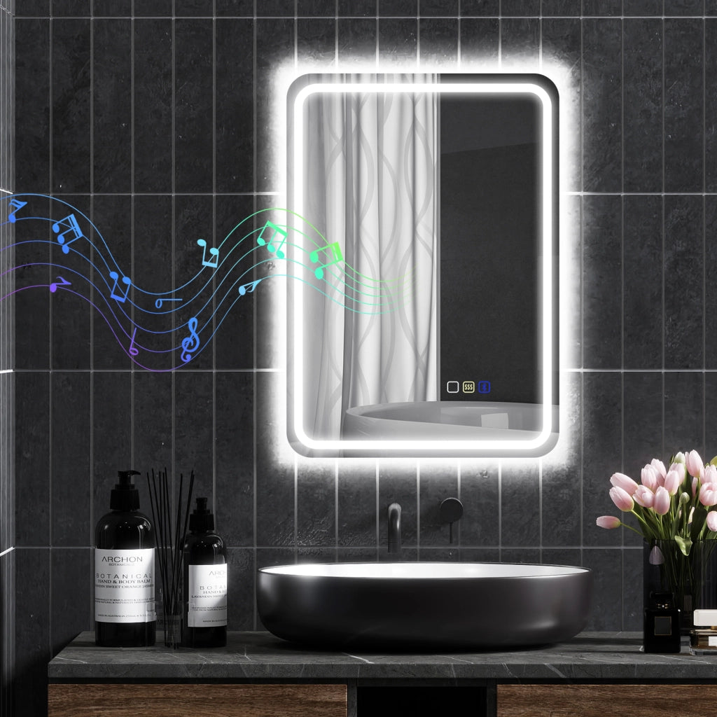 Specchio Bagno LED in Vetro Temperato con Bluetooth 70x50x3.5 cm Luce Regolabile e Touch Design Moderno