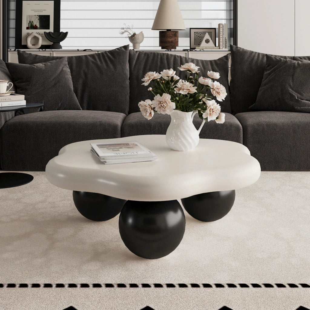 Tavolino basso a nuvola bicolore con gambe sferiche, MDF, per soggiorno e piccoli spazi, bianco nero, Ø 80 × 35 cm