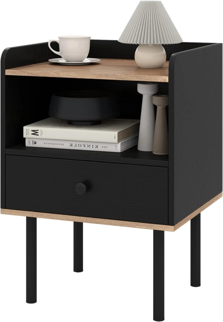 Comodino in Legno con Cassetto, Tavolino da Salotto con Ripiano Aperto, Comodino Moderno per Camera da letto, Soggiorno, Cameretta, 40,5 x 35 x 56 cm (1, Nero)
