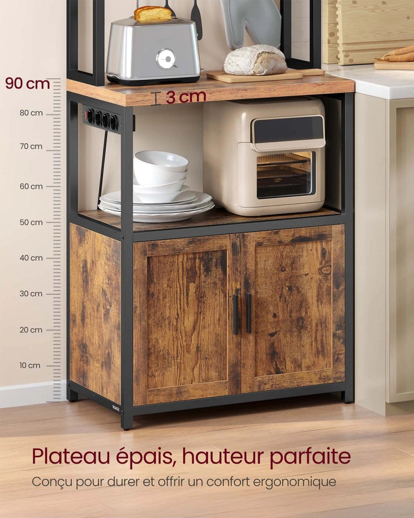 Mensola da cucina con multipresa bar con piano di lavoro 40 x 60 x 170 cm di altezza supporto per microonde con 8 ganci marrone 12_0007995