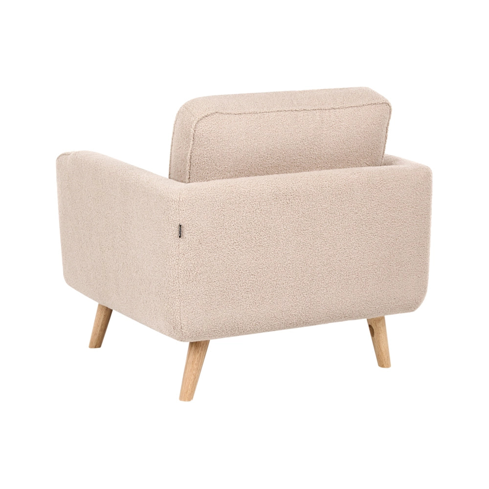 Poltrona beige in bouclé con gambe in legno di quercia stile tradizionale per soggiorno