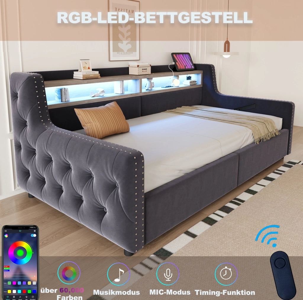 Divano letto 90x200 cm con contenitore idraulico; LED e ricarica USB-C in velluto grigio