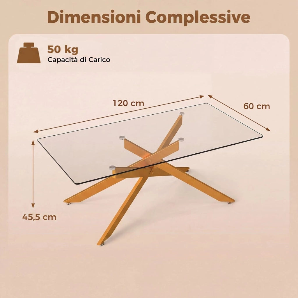 Tavolo da Caffè, Tavolino Salotto in Vetro Temperato con Gambe Incrociate in Metallo Placcato e Piedini Regolabili Antiscivolo, per Soggiorno e Ingresso, 120 x 60 x 45,5 cm (Oro)