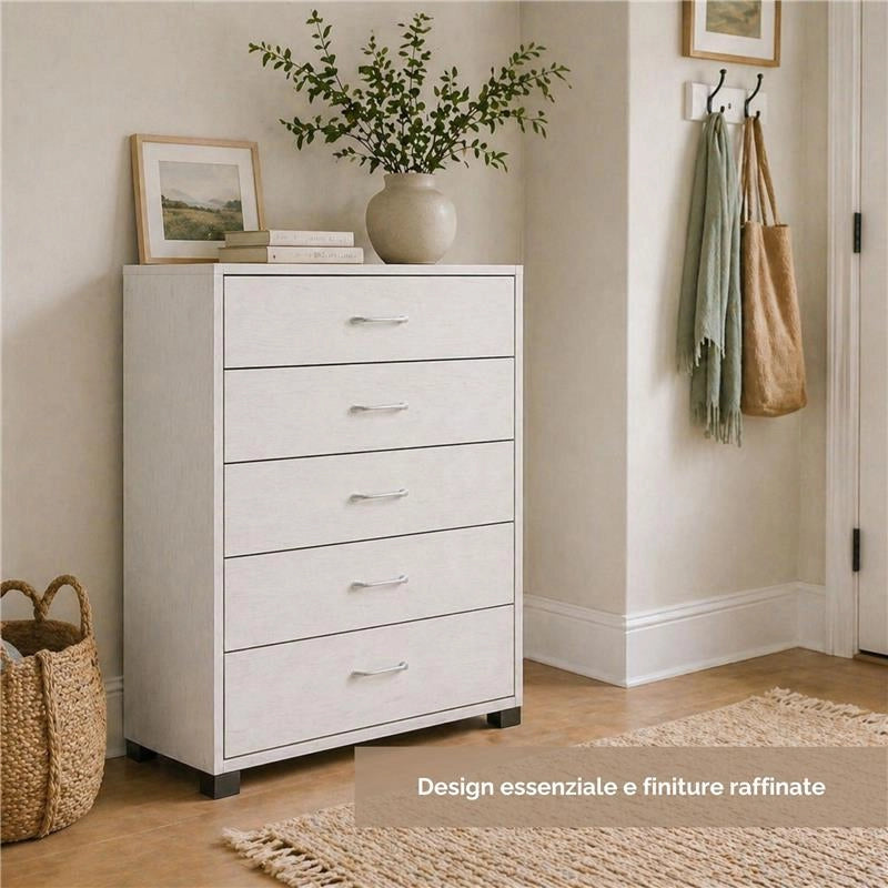 CASSETTIERA 5 CASSETTI MODERNA IN LEGNO BIANCO DIMENSIONI 50X40X101 CM