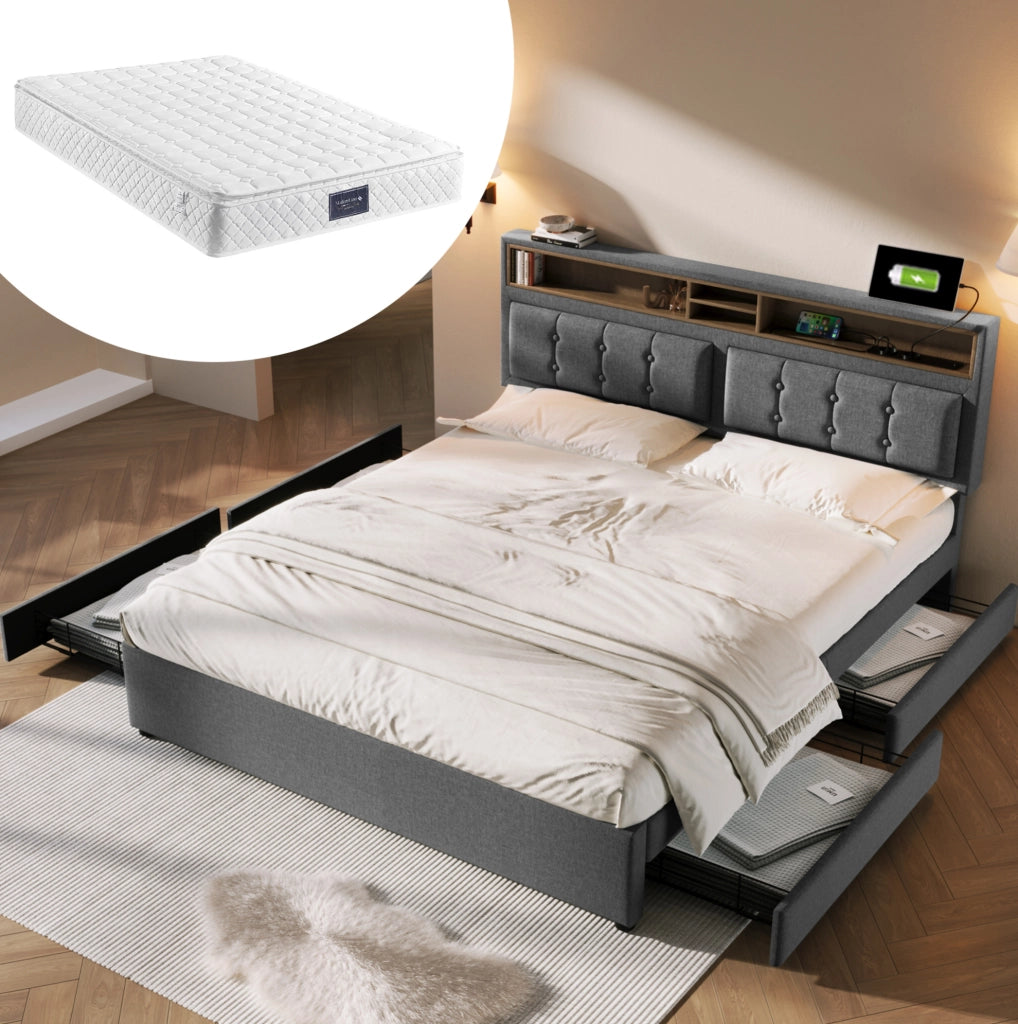 Letto matrimoniale imbottito 140x200 cm con materasso; 4 cassetti; testiera regolabile; grigio