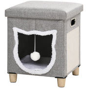 Cuccia-pouf per gatti con cuscino e tiragraffi, pallina da gioco, antiscivolo, grigia, in poliestere.