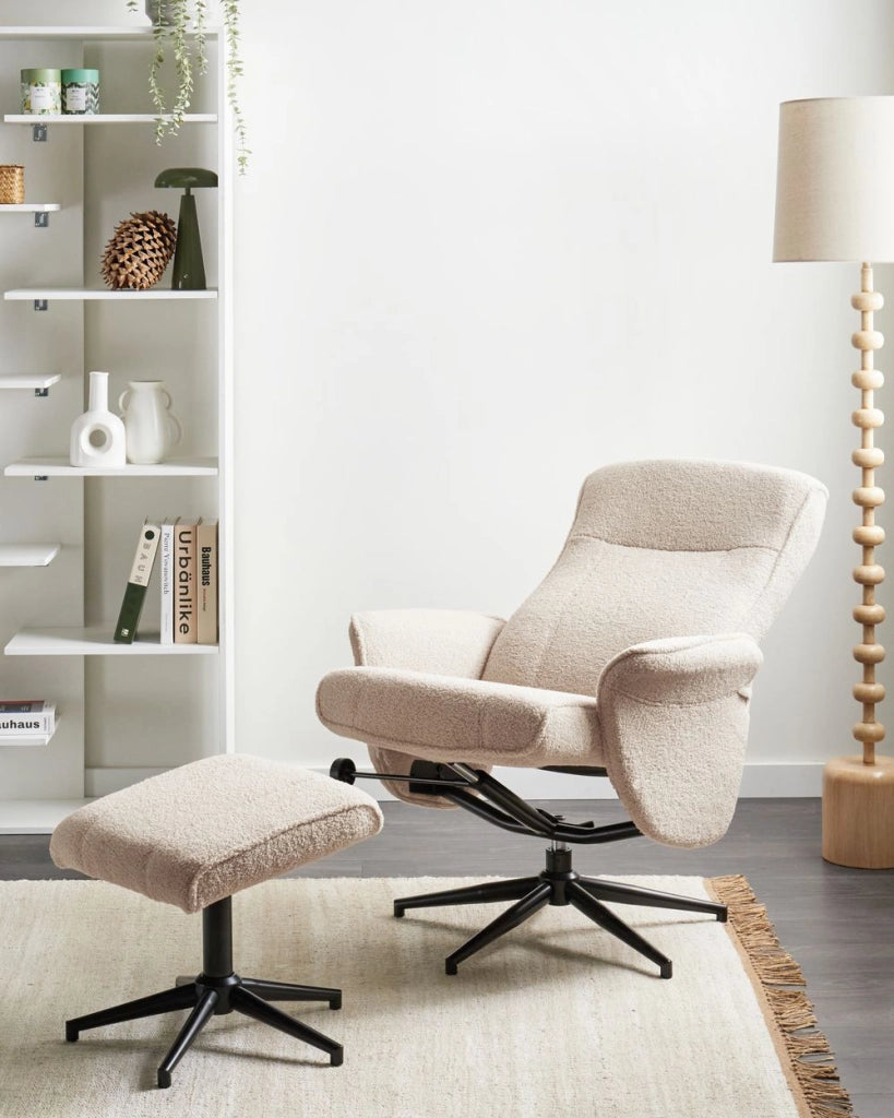 Poltrona reclinabile Beige con poggiapiedi Tessuto Boucle Girevole Struttura in metallo Design retrò