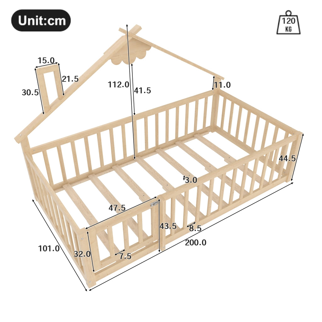 Letto per bambini 90x190 cm a forma di casa, in pino e MDF, colore naturale, con ringhiera di sicurezza