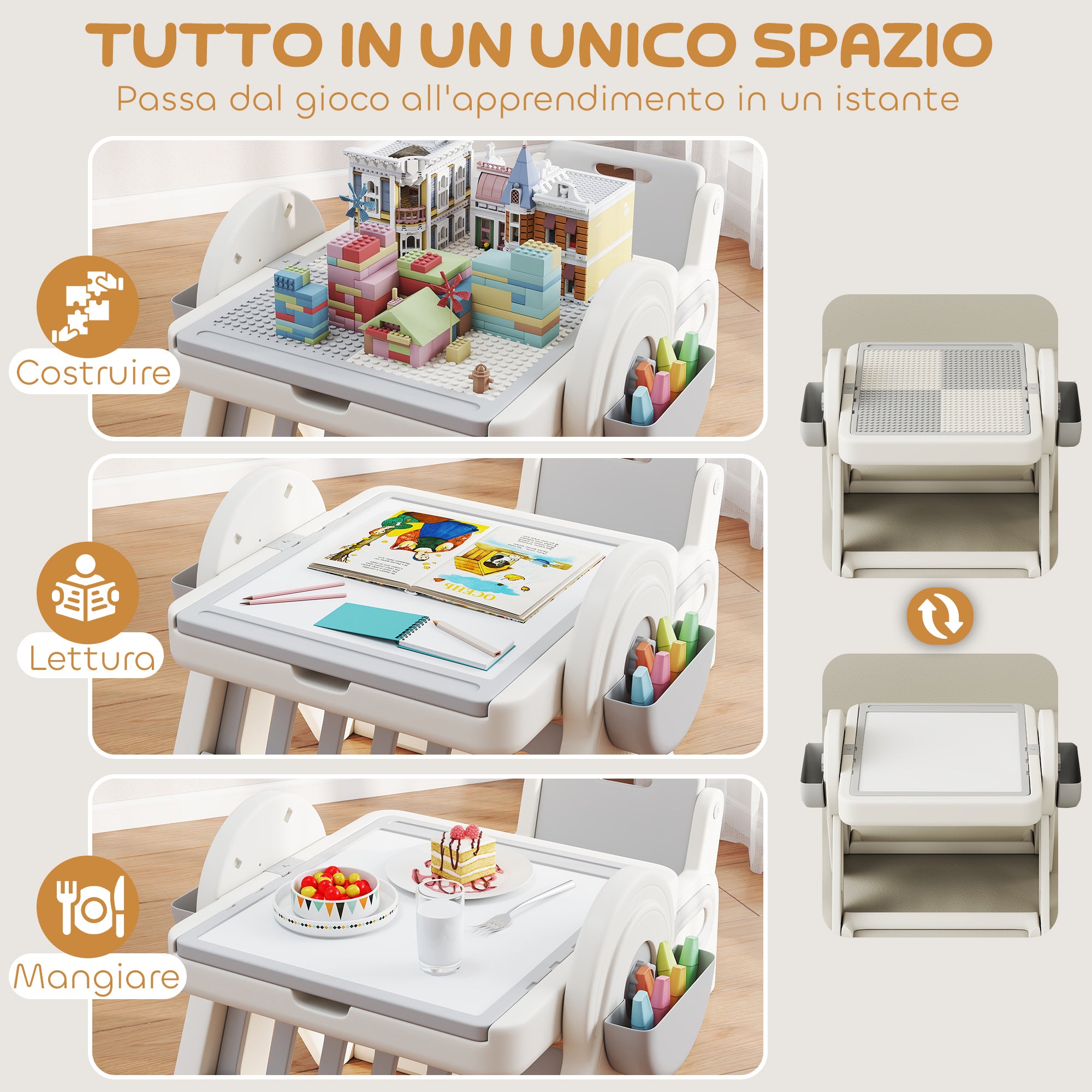 Tavolo Multiuso per Bambini con Ripiano Contenitore e Cassetti in HDPE e PP Grigio e Bianco