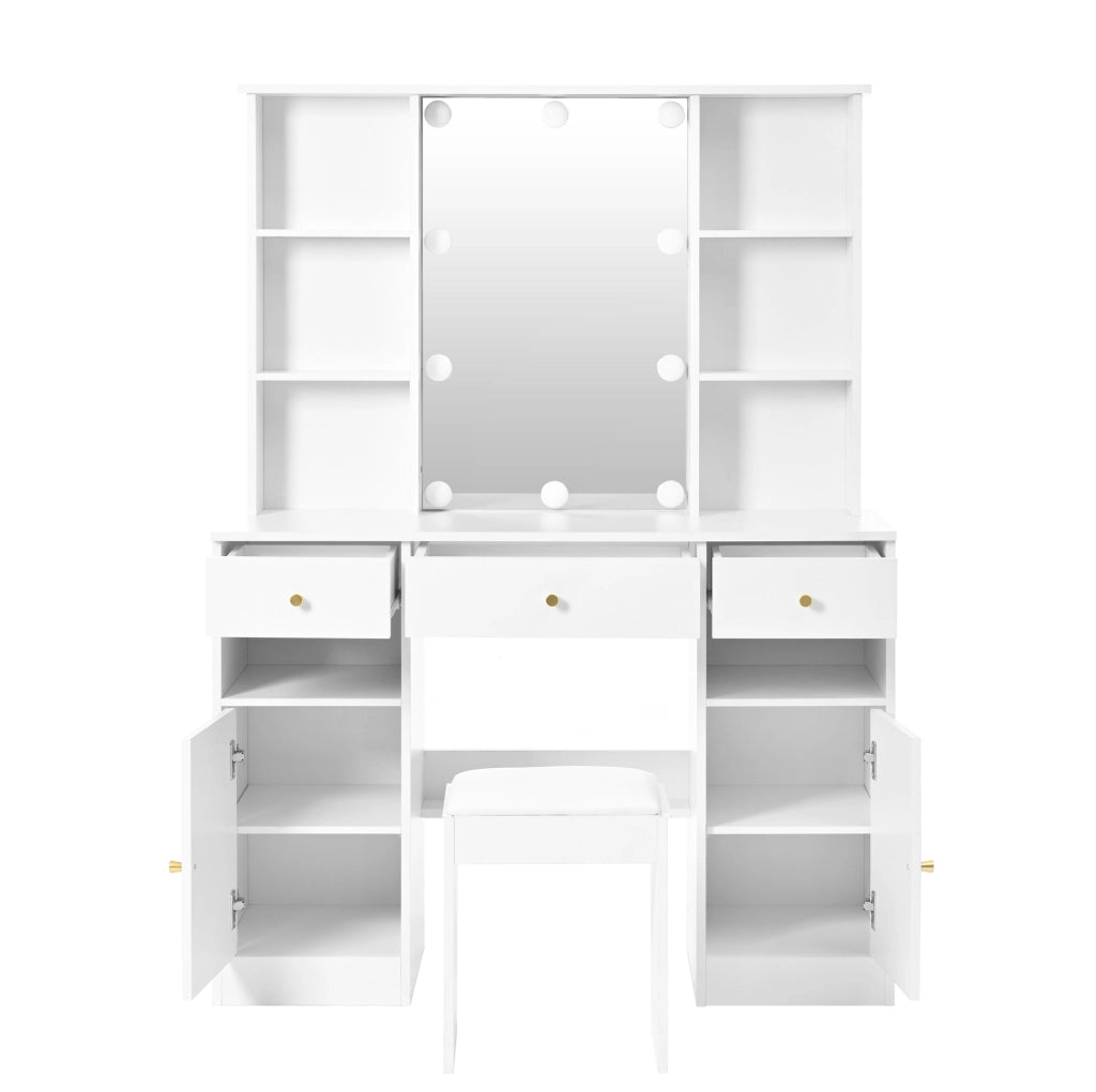 Toeletta ULEVR 110x40x151 cm con specchio LED regolabile, sgabello, 3 cassetti e 2 ante, bianca