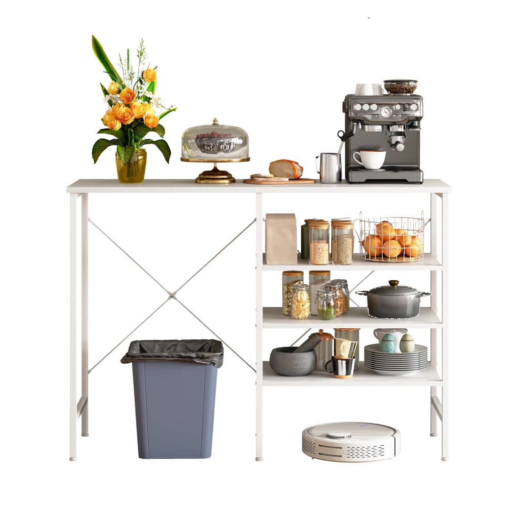 Tavolo organizer multifunzione con ripiani componibili, struttura in metallo bianco e piano bianco
