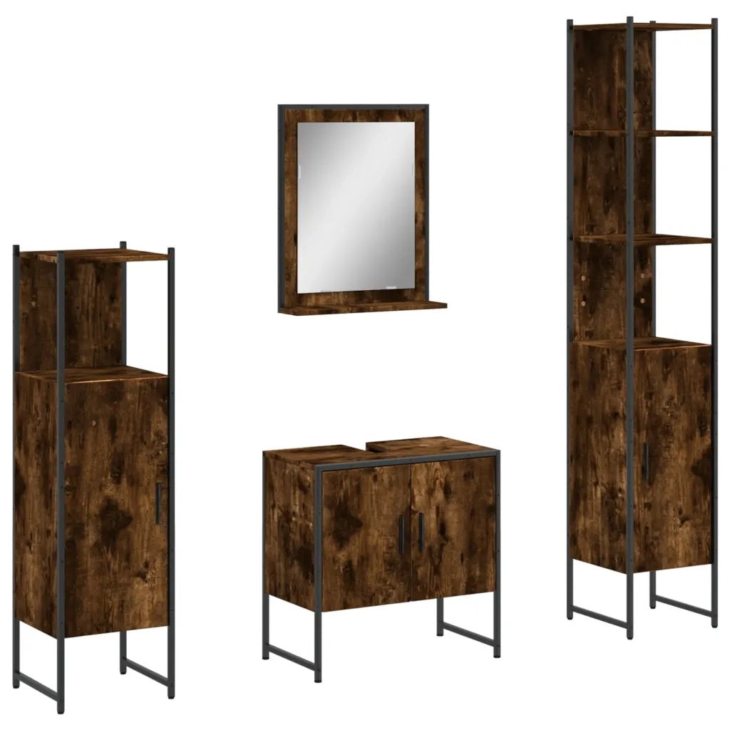 Set Mobili da Bagno | Armadio da bagno 4 pz Rovere Fumo in Legno Multistrato