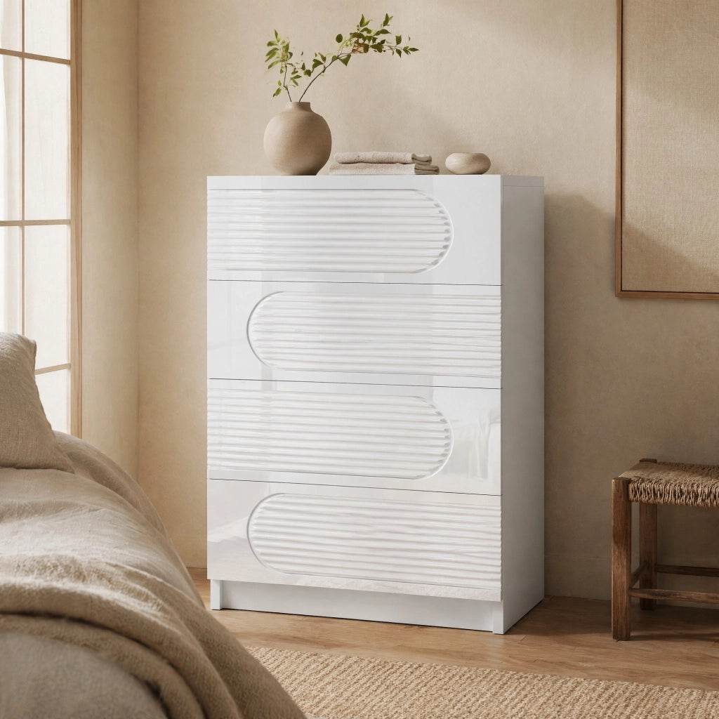 comò moderno a 4 cassetti in MDF e truciolare bianco lucido per ufficio e camera da letto 60 × 38,5 × 85 cm
