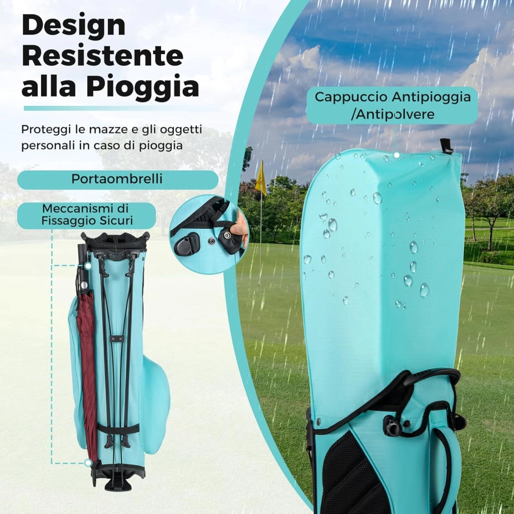 Borsa da Golf con Divisori Superiori a 8 Vie & 5 Tasche con Cerniera, Tracolla Regolabile a Doppia Spalla, Cappuccio Antipioggia e Portombrelli, Sacca da Golf per Donna e Uomo