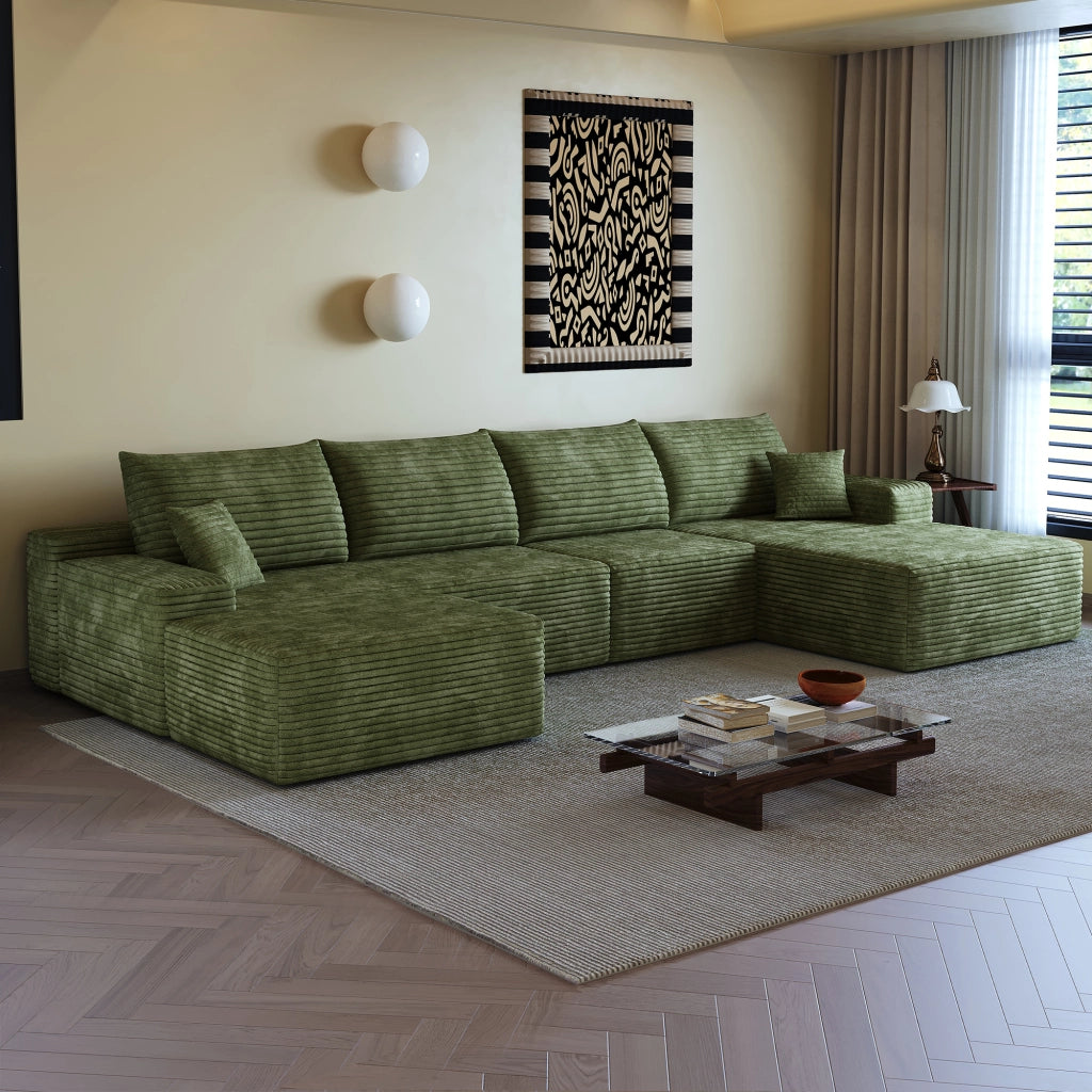Divano ad angolo modulare con chaise longue a L e seduta in schiuma ad alta elasticità, tessuto verde 270 × 175 × 83 cm