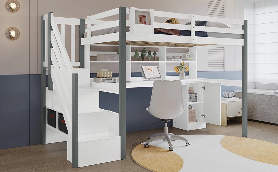 DESMIU Letto rialzato 1 posto con scrivania, contenitori, scala laterale e scaffale 90 × 200 cm, senza materasso