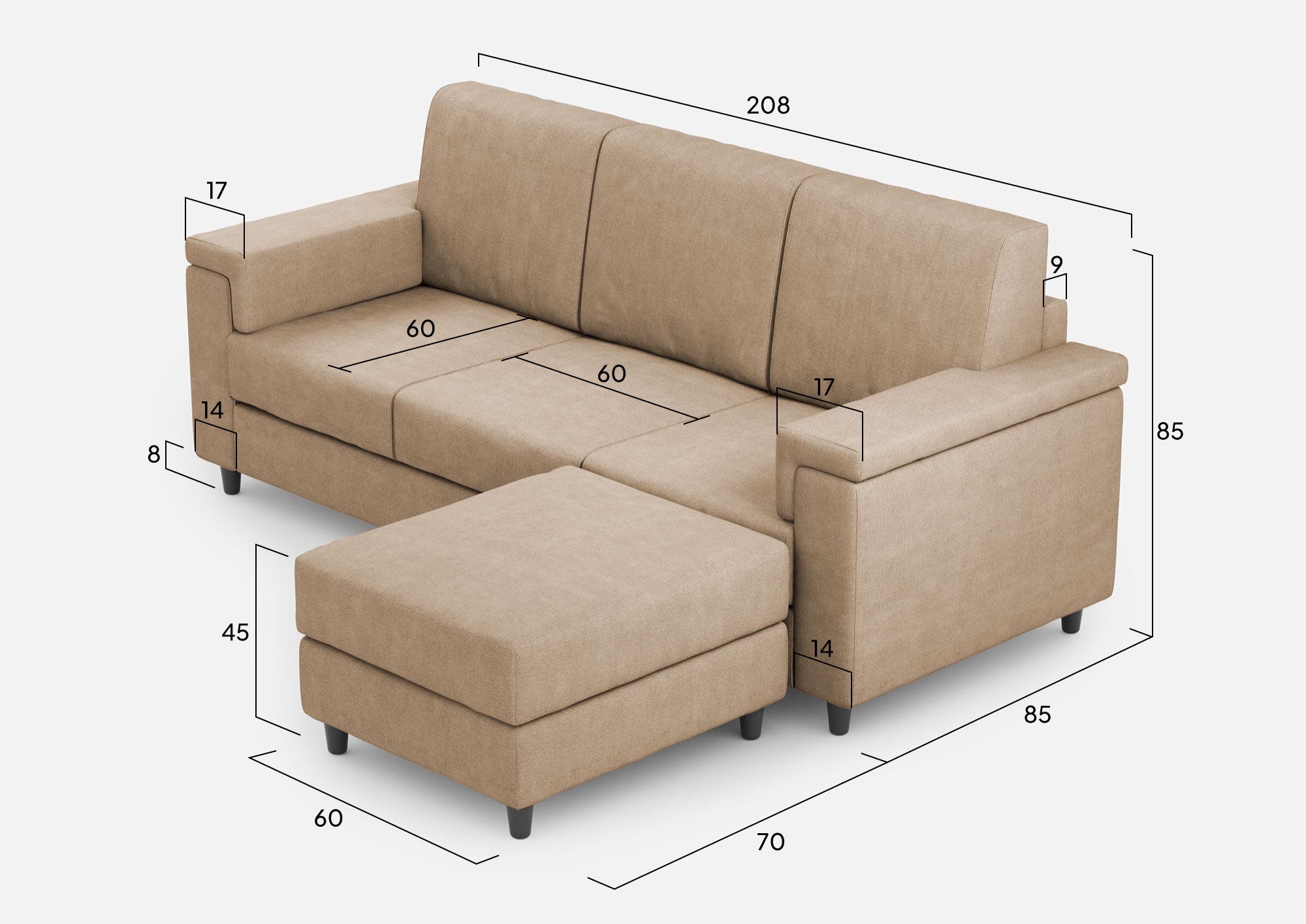 Divano 3 Posti con Pouf 208x155x85 cm Marrak in Tessuto Beige