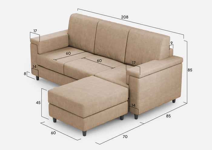 Divano 3 Posti con Pouf 208x155x85 cm Marrak in Tessuto Beige