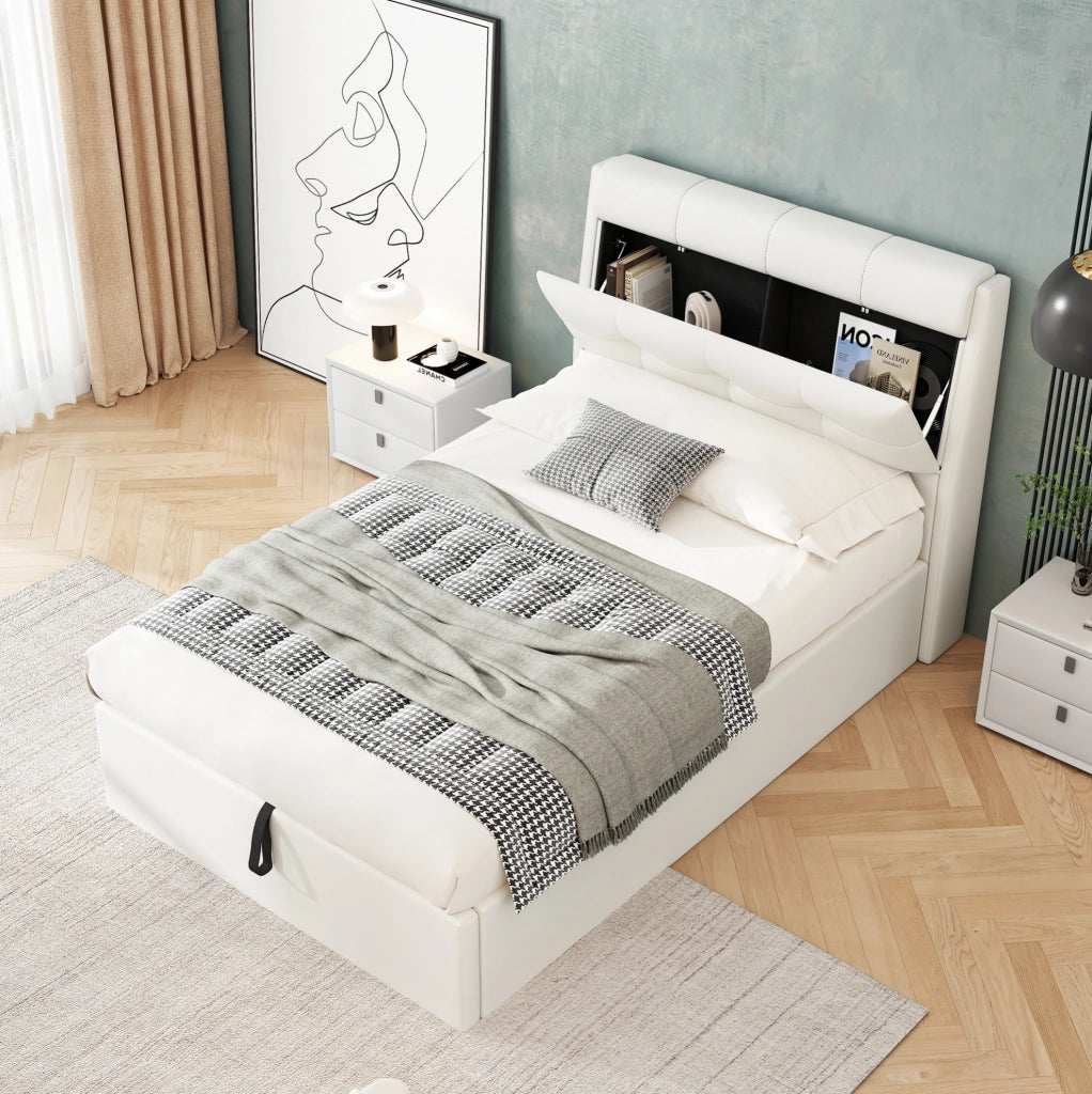 Letto imbottito 90x200 cm in PU bianco con sollevamento idraulico; contenitore e rete a doghe
