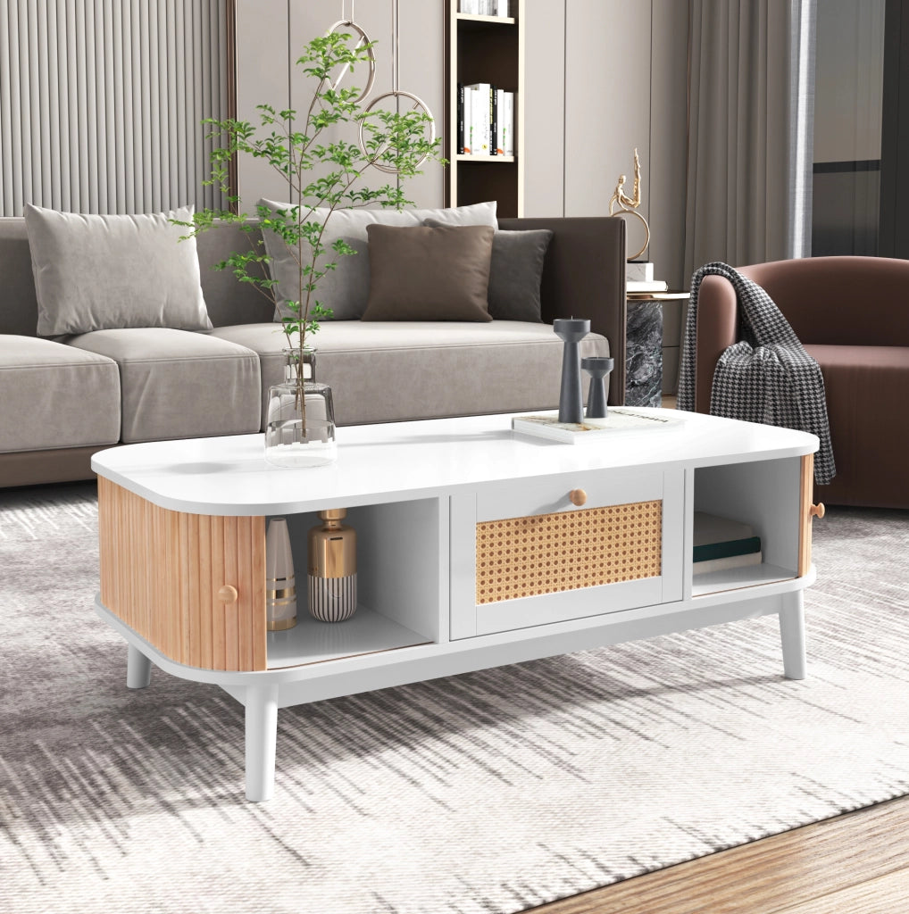 Tavolino da caffè con vano contenitore 110x55x38;5 cm; bianco e legno; in MDF