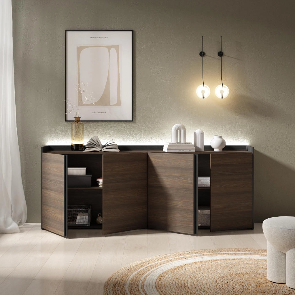 Credenza, Mobile, Cucina, 207x80x35 cm, 4 Porte, LED, Rovere scuro e Nero