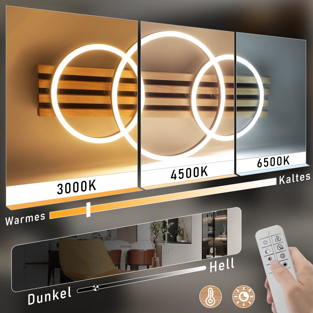 ZMH Lampada da soffitto plafoniera LED legno dimmerabile 70cm 46W 3 anelli design moderno nero telecomando per soggiorno