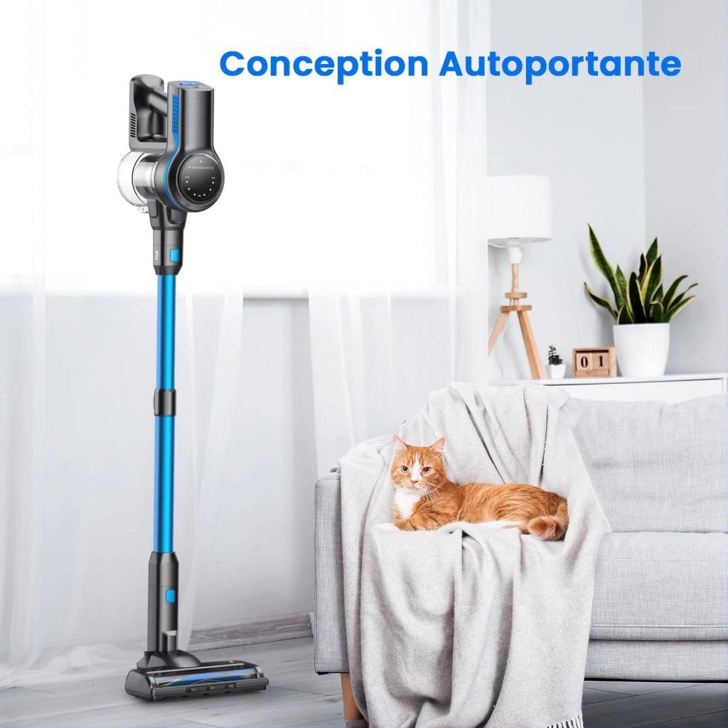 Aspirapolvere senza fili INSE S7P blu con display a LED e spazzola a rullo morbida.