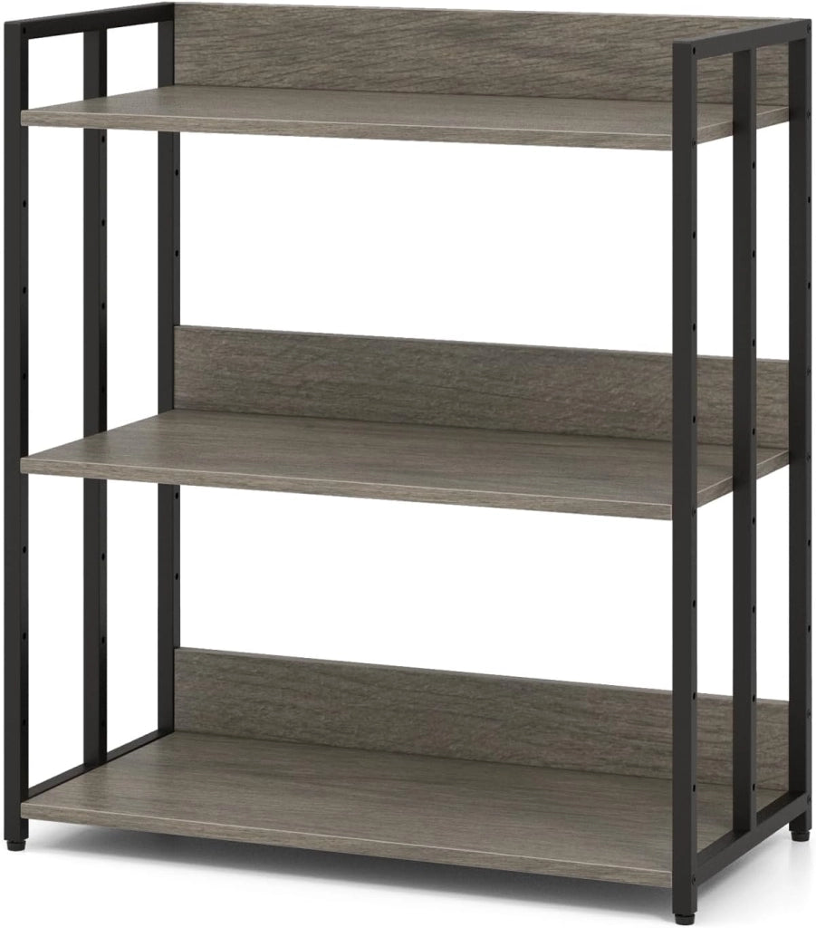 Libreria Scaffale Industriale 3 Ripiani Regolabili con Alette di Protezione, Scaffale Libreria Portaoggetti in Telaio in Metallo, Mensola Multifunzione, 2 Colori, 70 x 35 x 81 cm (Grigio)
