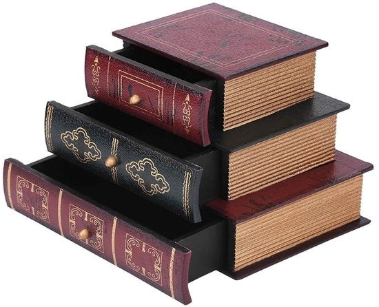 Cassetto Decorativo in Legno - Forma Libro - Organizzatore con 3 Cassetti - 20 x 14 x 14 cm - Robusto e Imprigionato Acqua - Cassetto Decorativo per Magazzino - Scatola di Conservazione