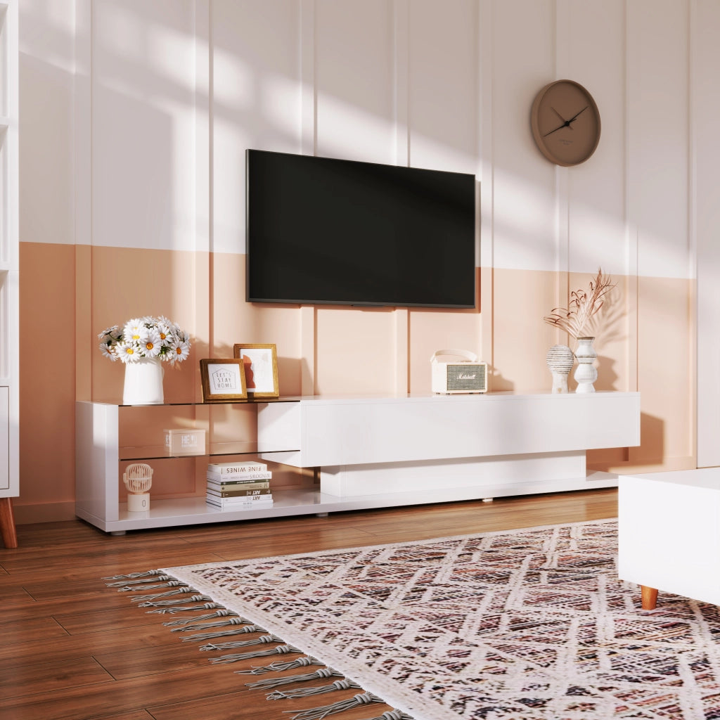 Mobile TV con 2 Cassetti; 2 Ripiani in Vetro e LED Regolabile; Bianco Lucido; 170??36??38 cm; in Truciolare