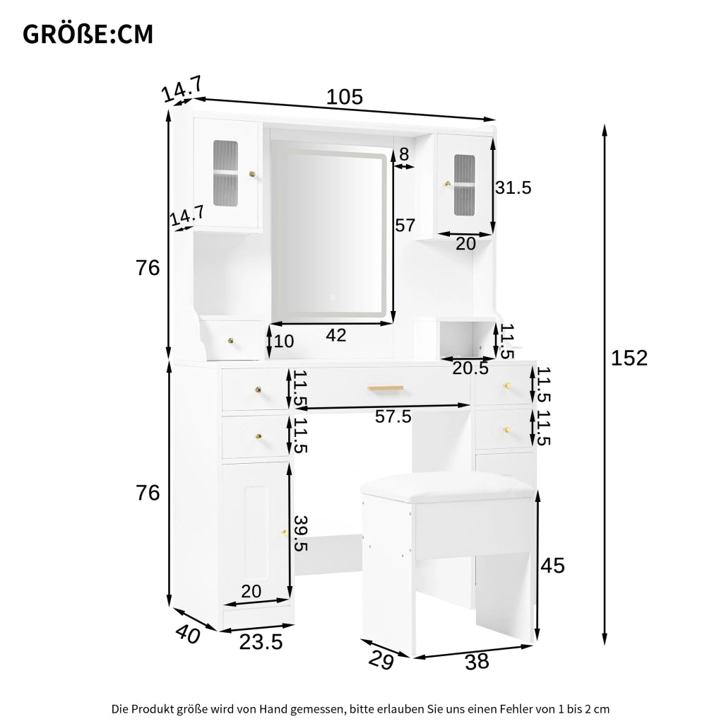 Tavolo da trucco bianco con specchio LED, 6 cassetti, 4 ante e prese integrate