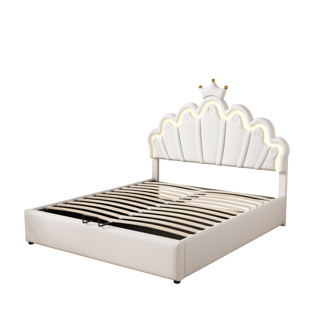 Letto imbottito 140x200 cm con contenitore e LED; testiera a nuvola con corona; PU bianco