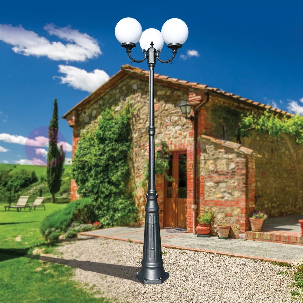 ORIONE ANTRACITE Lampione a 3 luci per Esterno Giardino con sfere globi policarbonato d.25