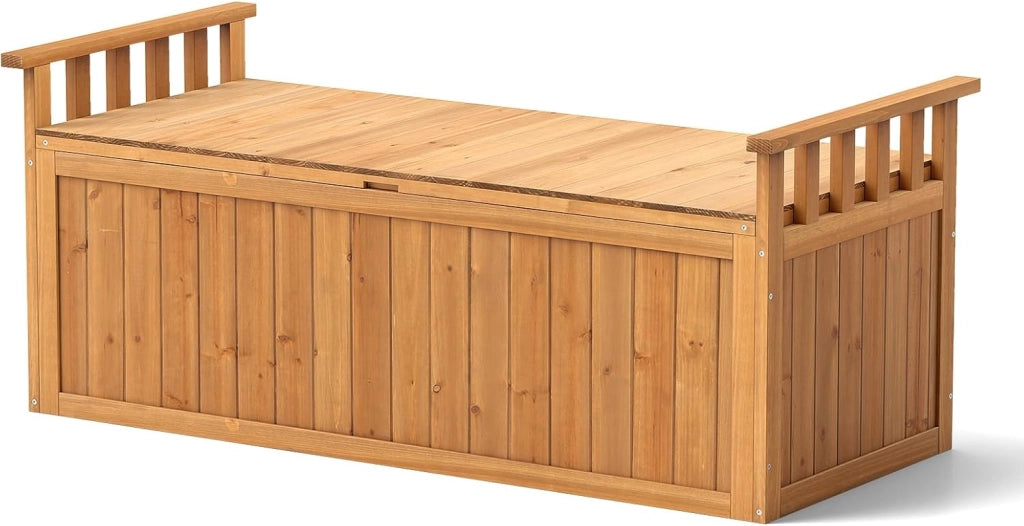 Baule Cassapanca 210 Litri in Legno di Abete, Baule Contenitore da Giardino con Pannello Inferiore Staccabile, Cassapanca Multiuso di Stoccaggio a 2 Posti con 2 Braccioli, da Interno e Esterno